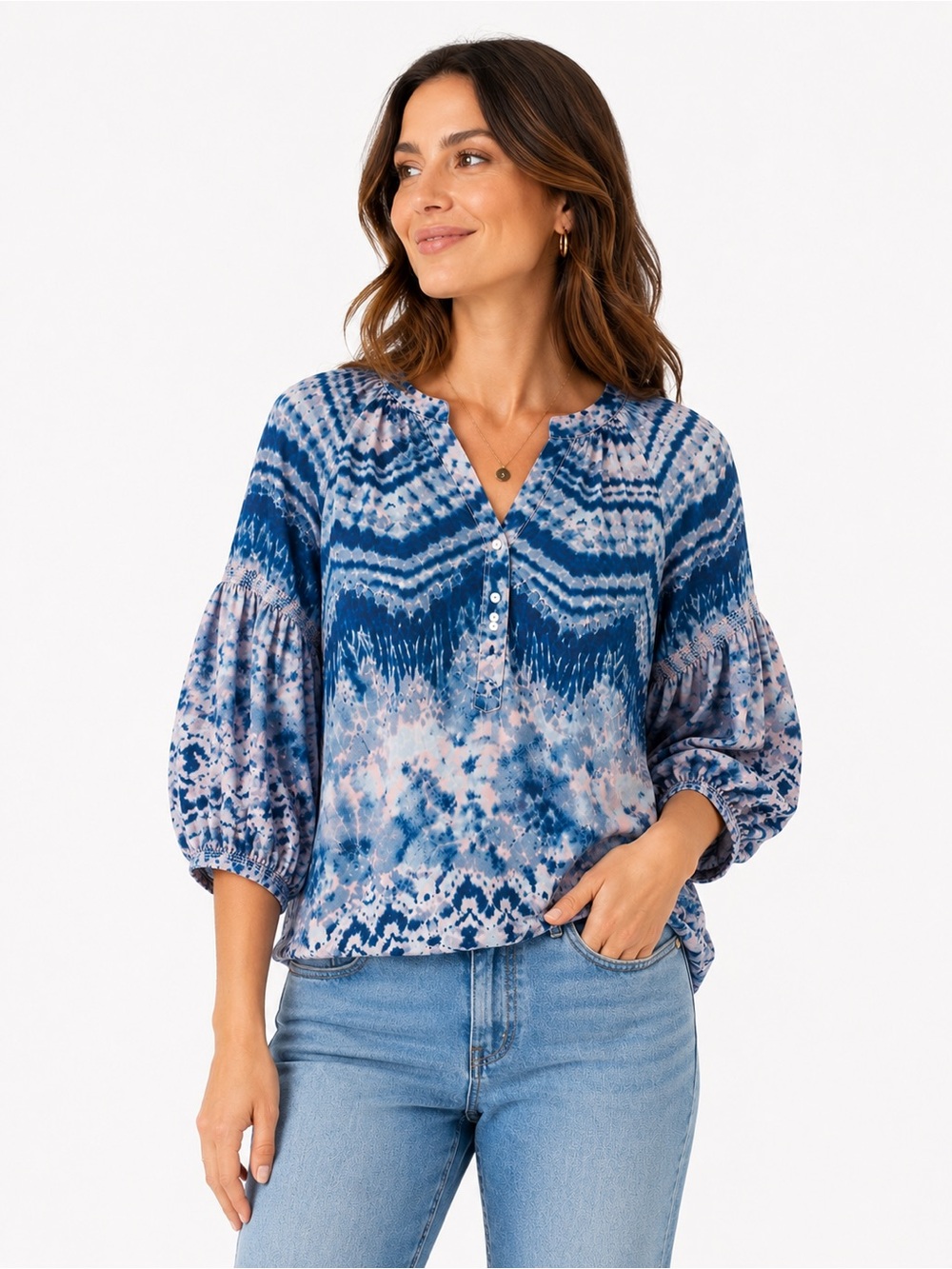 Westbound Petites Blue Pink Tie Dye Boho Peasant Blouse PM $28
